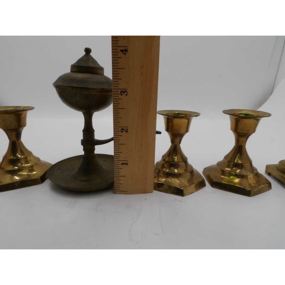 5 Small Brass Candle Holders and Brass Whale Oil Lamp - Picture 4 of 7